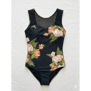Albion Fit Maria One Piece Swimsuit Size XL Black Floral Mesh Strappy